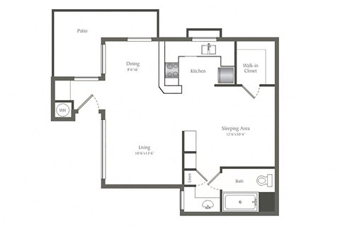 Floor plan for studio, 1 bath, 525 sqft